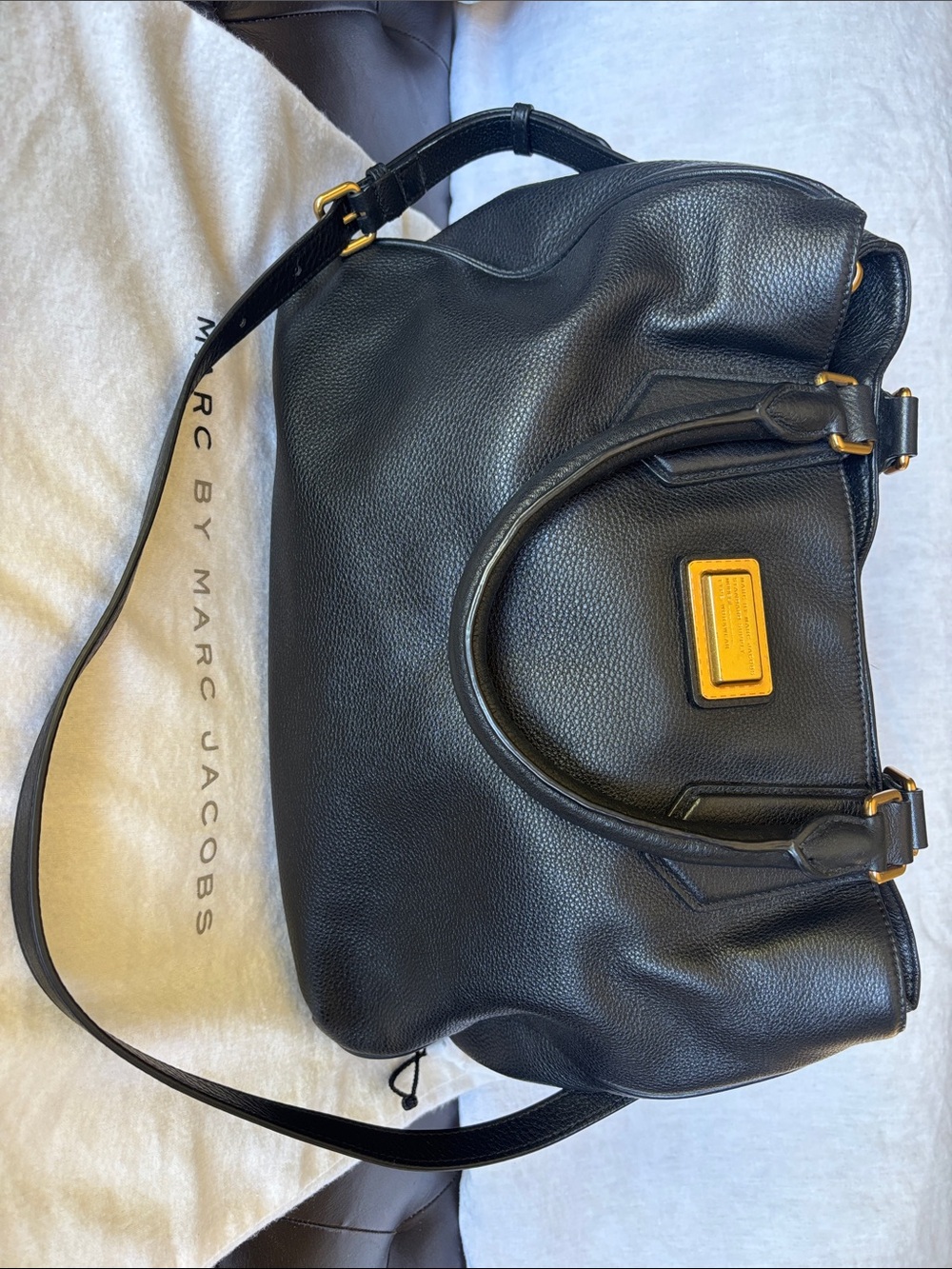 Marc by Marc Jacobs Black Pebbled Leather Satchel with Gold Plaque